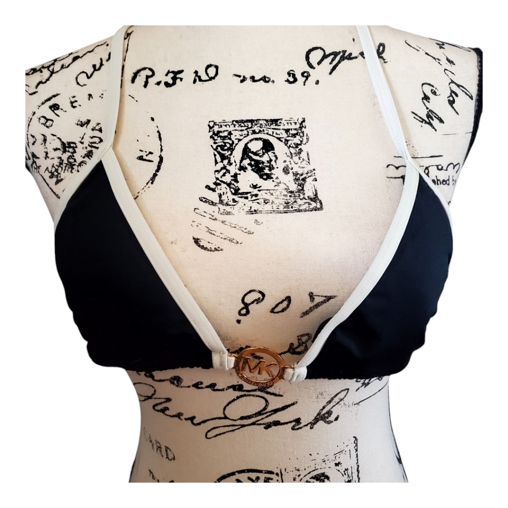 Michael Kors Black and Cream Triangle Bikini Top Size Medium
